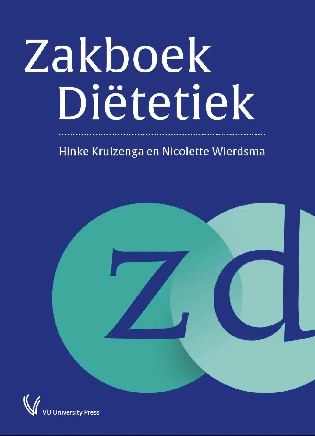 Blauw zakboek diëtetiek met teal cirkelvormig logo en donkere letters zd door hinke kruizenga en nicolette wierdsma
