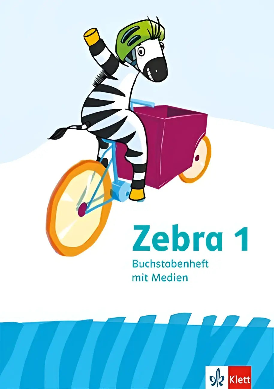 Een cartoon zebra met groene helm en gele handschoenen rijdt een fiets met oranje wielen en trekt een paarse kar in algemene ausgabe druckschrift klasse 1