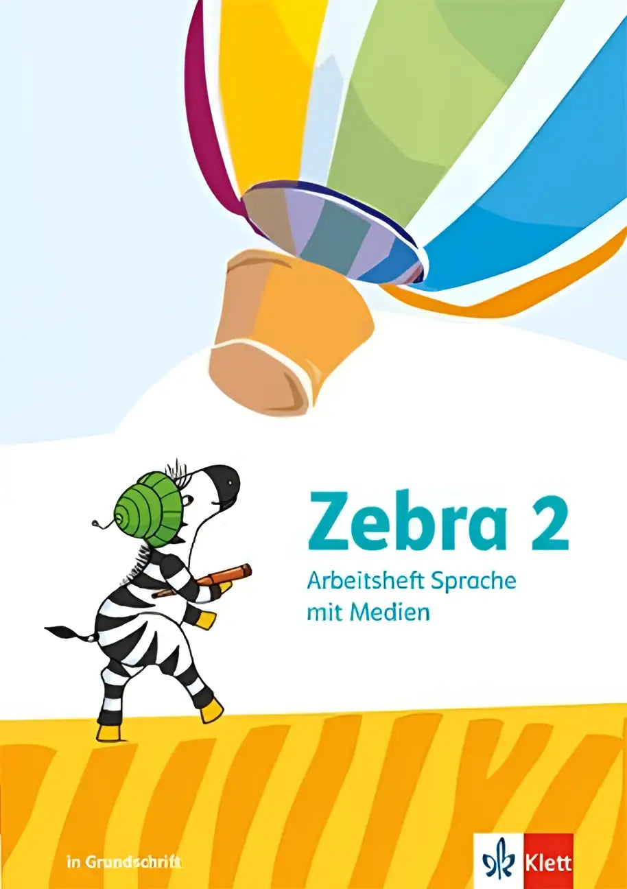 Colorvolle luchtballon met regenboogstrepen zweeft boven cartoon zebra met groene koptelefoon op arbeitsheft sprache grundschrift klasse 2