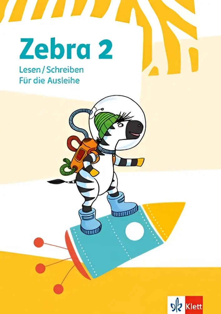 Een cartoon zebra astronaut in een zwart wit gestreept pak met blauwe laarzen en groene helm op een teal raket voor heft lesen schreiben klasse 2