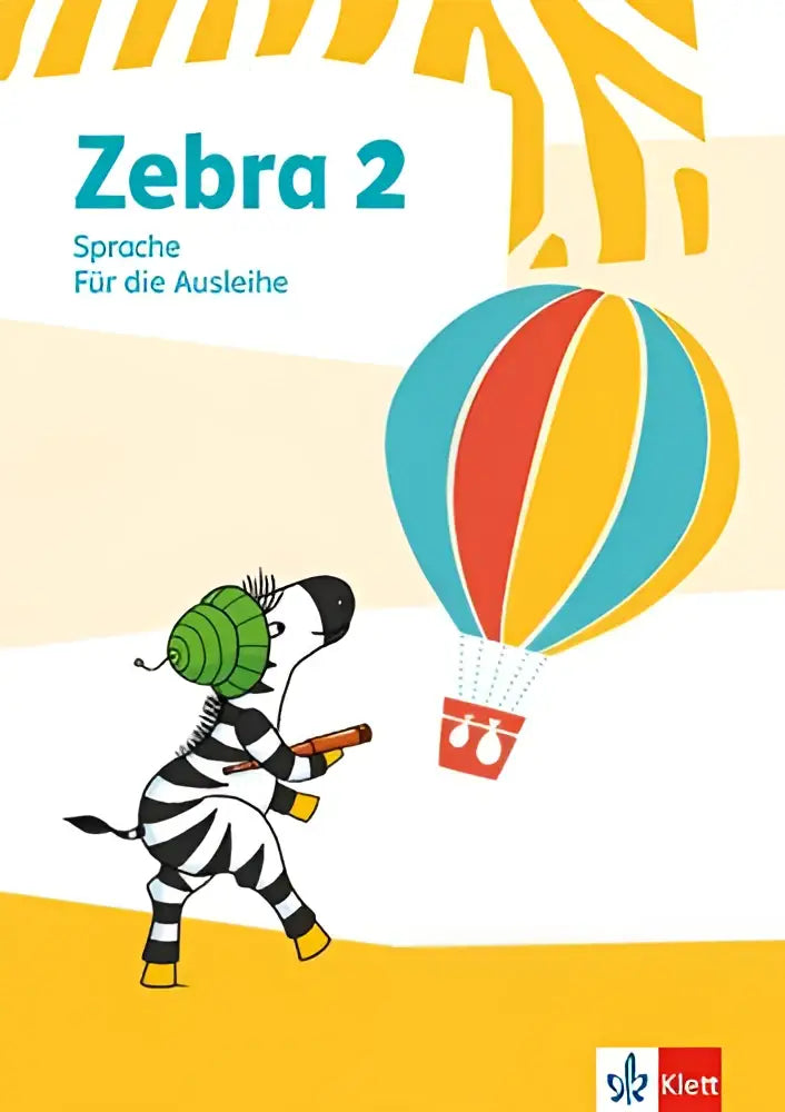 Kleurrijke kinderboekcover van heft sprache ausleihe klasse 2 met cartoon zebra en luchtballon