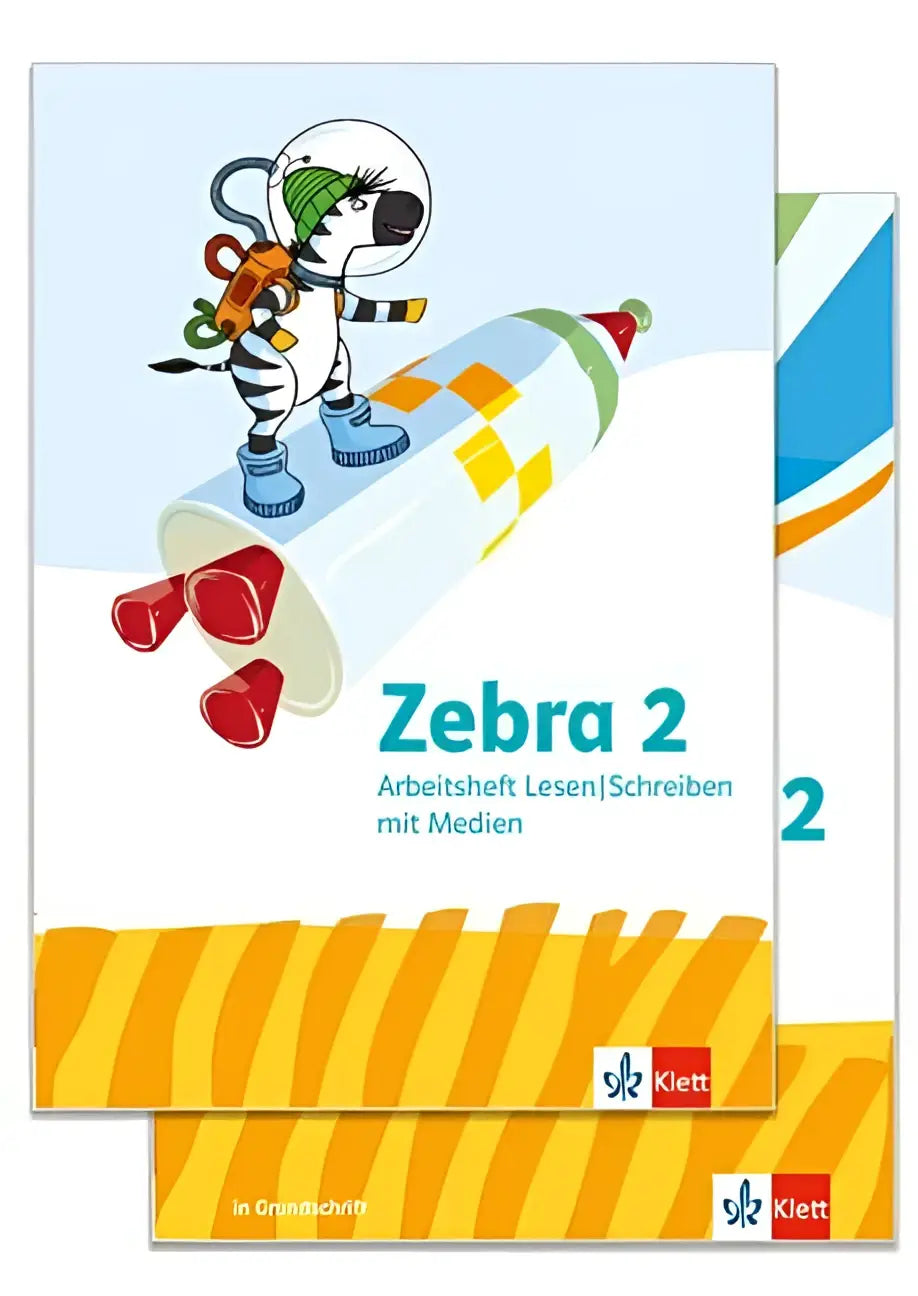 Zebra 2 arbeitsheft sprache mit cartoon-zebra im astronautenanzug auf rakete in bunt gestreifter grundschrift und arbeitsheft