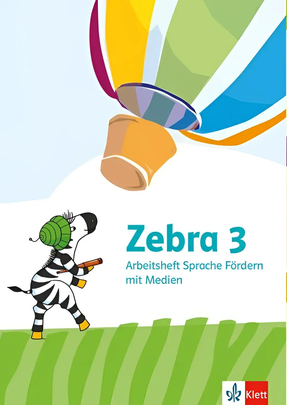 Een kleurrijke cartoon zebra met een groene spiraalhelm en potlood op gras onder een regenboog luchtballon voor arbeitsheft sprache mit medien klasse 3
