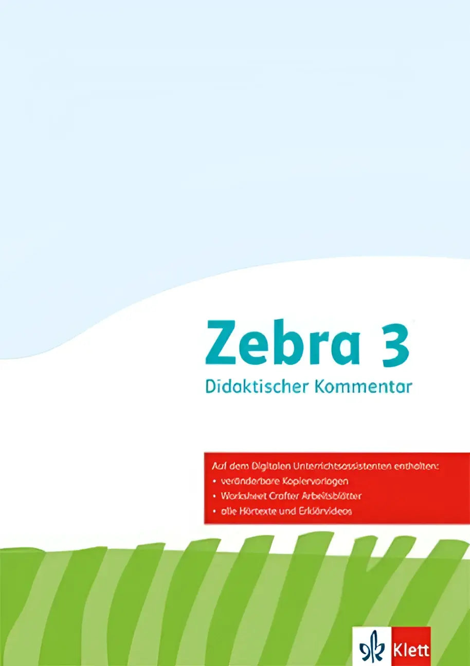 Zebra 3 didaktischer kommentar klasse 3 leerboek met groen-wit gestreept ontwerp en klett-logo in rood en zwart