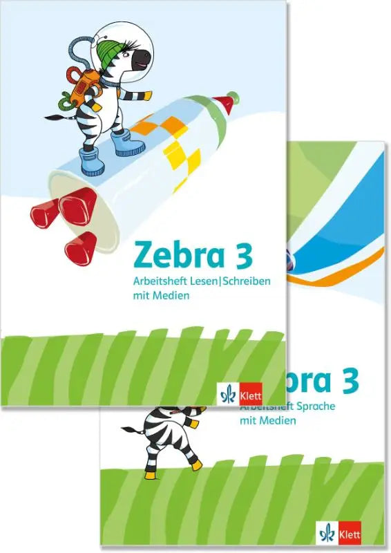 Zebra 3 arbeitsheft lesen schreiben met cartoon zebra astronaut op grote krijtstaaf en groen wit gestreepte omslag