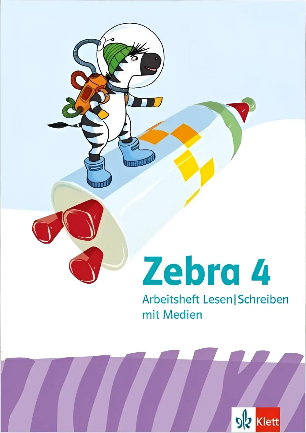 Een cartoon zebra in wit astronautenpak met groene helm staat op een kleurrijk rollen boek over arbeitsheft lesen schreiben