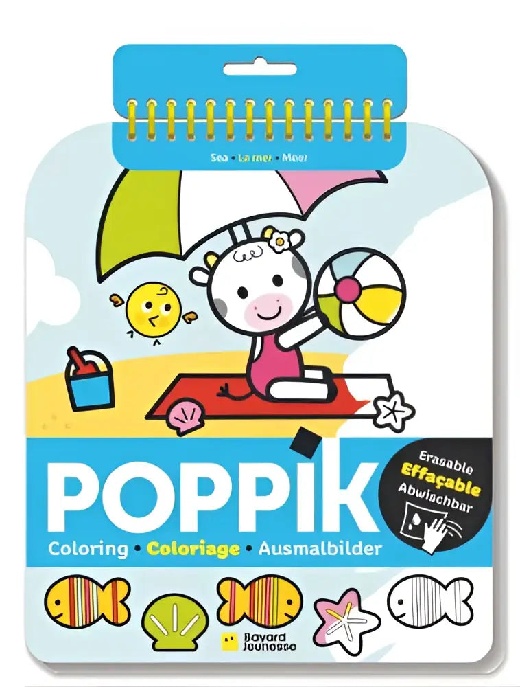 Poppik zee kleurenboek met vrolijke cartoonkoe op het strand met kleurrijke illustraties en uitwisbaar ontwerp