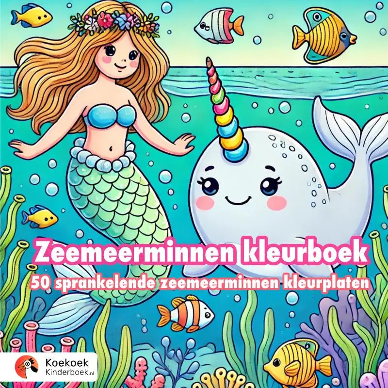 Een vrolijke cartoon zeemeermin met blonde haar en bloemenkroon in het zeemeerminnen kleurboek voor jonge lezers