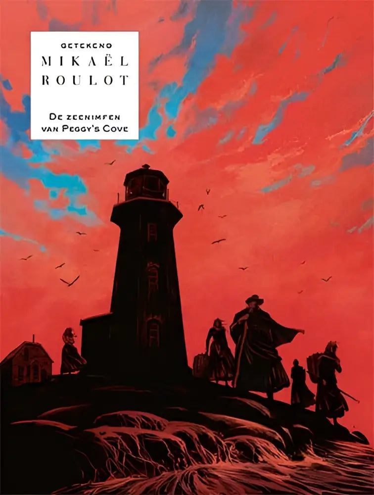 Boekcover van de zeenimfen van peggys cove door mikaël roulot met rode en blauwe kleuren en een zwarte vuurtoren