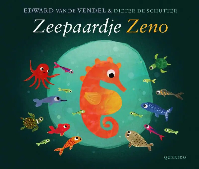 A vibrant orange and yellow seahorse is centrally positioned within a teal circular bubble representing zeepaardje zeno