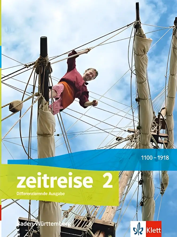 Cover van het schulbuch mit medien zeitreise 2 met kind in rood en oranje aan scheepstouwen tegen blauwe lucht