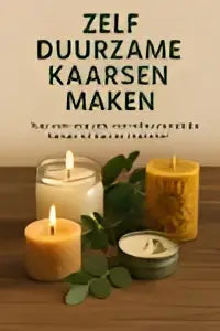 Het boek zelf duurzame kaarsen maken heeft een donkergroene kaft met witte tekst en behandelt duurzame kaarsen