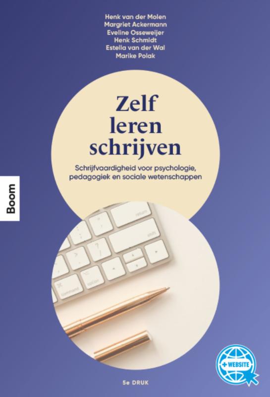 Boekcover Zelf leren schrijven 5e druk met beige cirkel en paarse achtergrond