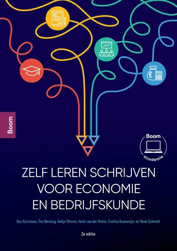 De boekcover van zelf leren schrijven voor economie en bedrijfskunde toont een donkerblauwe achtergrond met kleurrijke lijntekeningen door bas karreman en eveline osseweijer