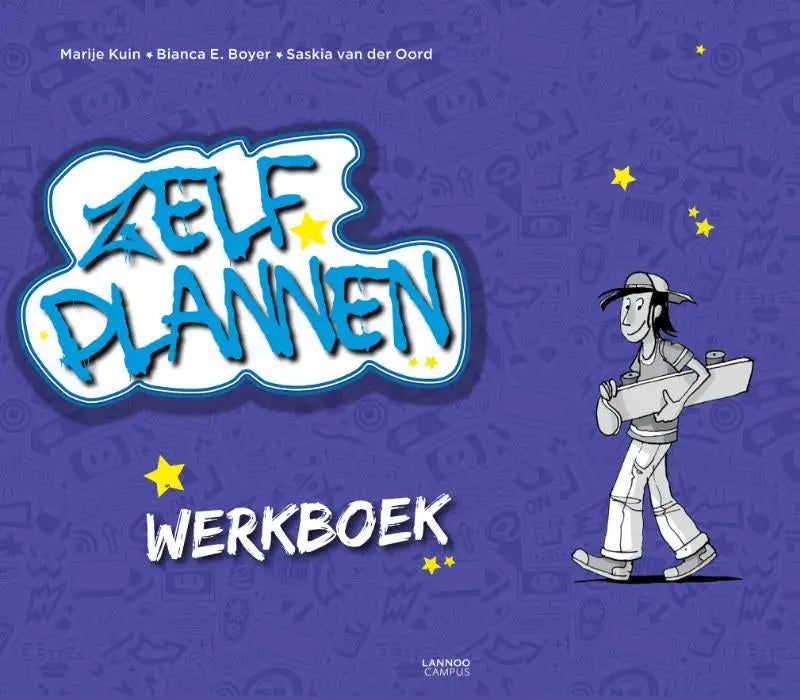 Blauw-witte illustratie van het zelf plannen werkboek met cartoonfiguur en planner door marije kuin beeldende kunst