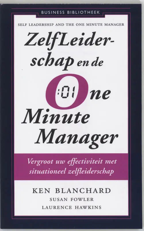 Paarse en witte hardcover boek titled zelfleiderschap en de one minute manager door ken blanchard en laurence hawkins
