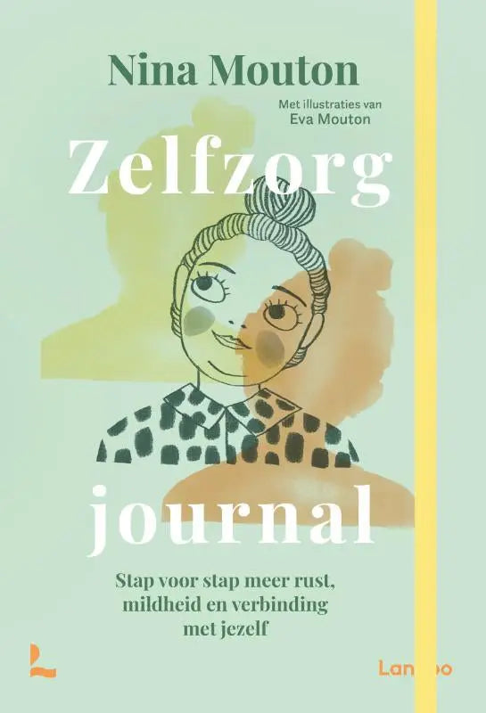 Een zacht muntgroen zelfzorg journal met een illustratie van een vrouw in een zwartwit polkadot blouse door nina mouton voor psychologie algemeen
