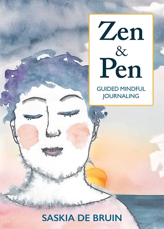 Watercolor illustratie van serene vrouw met paarse blauwe haren en roze wangen voor zen & pen guided mindful journaling