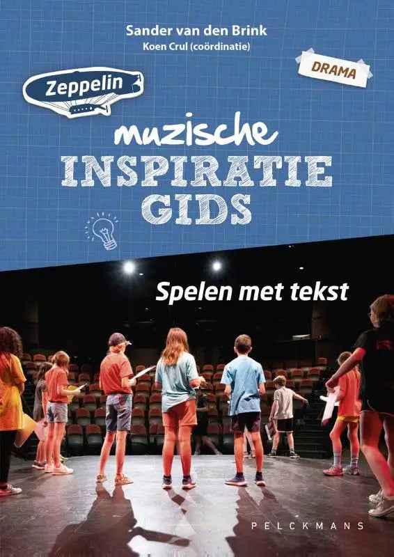 Blauwe kaft van zeppelin inspiratiegids muzische inspiratie gids met kinderen op podium en zeppelin logo