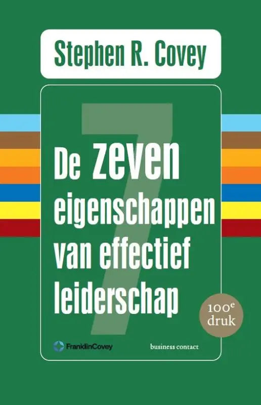 Groen hardcover boek met witte tekst en grote gestileerde zeven getiteld effectief leiderschap van stephen r binnen leidinggeven business contact