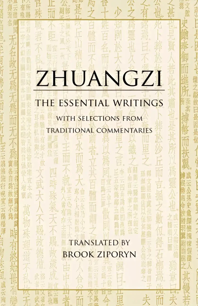 De boekcover van zhuangzi the essential writings met selections from traditionele commentaren op crèmekleurige achtergrond