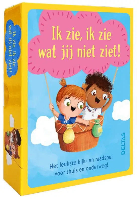 Heldergele doos met cartoon van twee kinderen in luchtballon en titel ik zie ik zie wat jij niet ziet leuk kijkspel voor jonge lezers