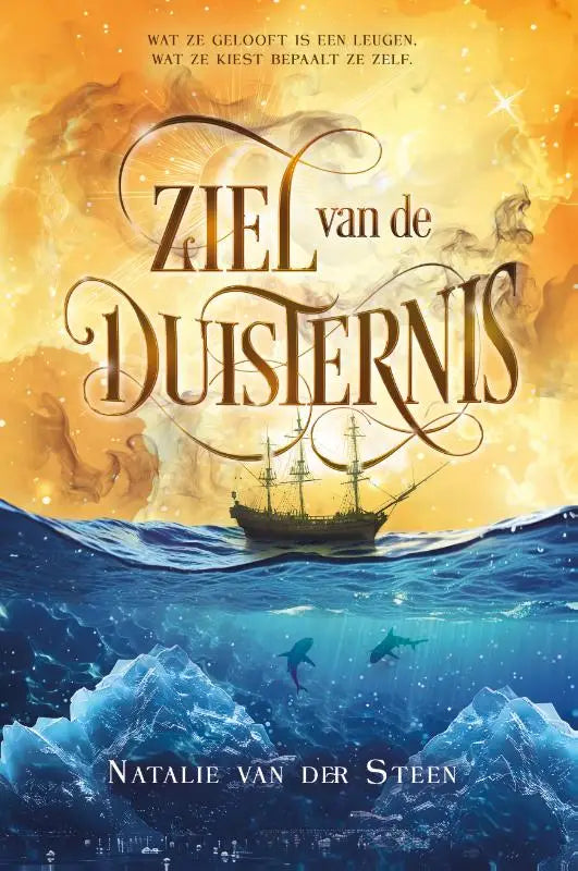 Boekomslag van ziel van de duisternis met donkerbruine cursieve titel op oranjerode hemel boven blauwe oceaangolven