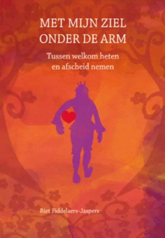 Purper silhouet van een figuur met een rood hart tegen een oranje achtergrond met bloemmotieven voor afscheid nemen en welkom heten