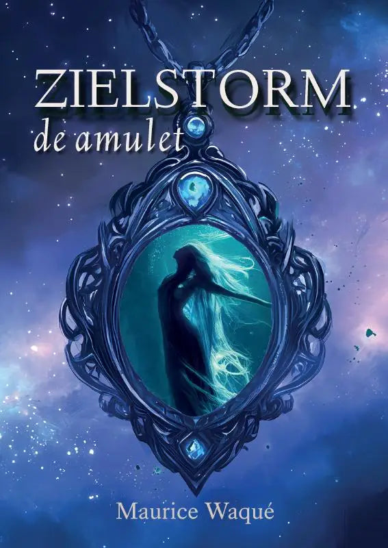 An ornate dark blue Zielstorm de amulet pendant with intricate filigree and central teal portrait against cosmic background