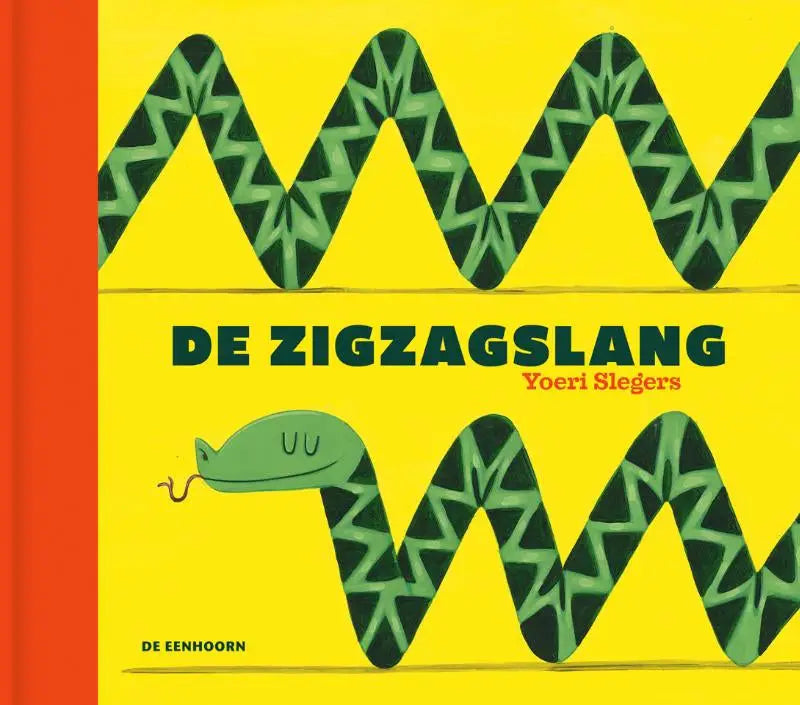 Vibrant yellow children book cover featuring a playful green zigzag snake titled de zigzagslang by yoeri slegers binnen kleuterboeken