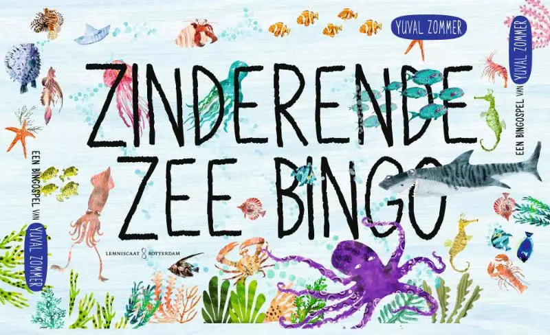 Kleurrijk geïllustreerd kinderspelbord zee bingo met haaien, octopussen en vissen in levendige tinten voor zinderende zee bingo