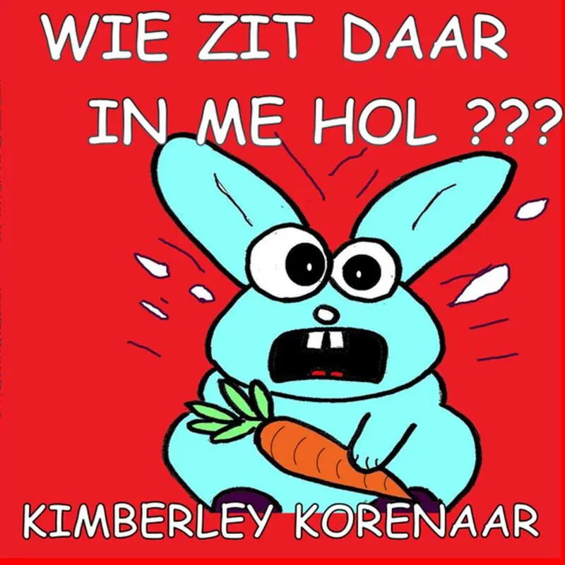 Cartoon blauwe konijn met grote ogen en open mond houdt een wortel vast in het boek wie zit daar in me hol voor jonge lezers