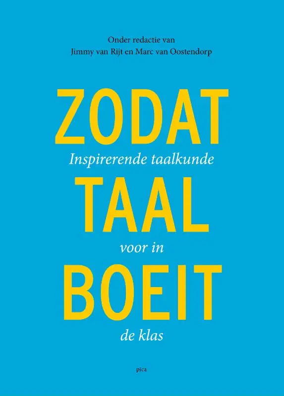 Boekomslag van zodat taal boeit met felblauwe achtergrond en gele tekst voor gebruik in de klas