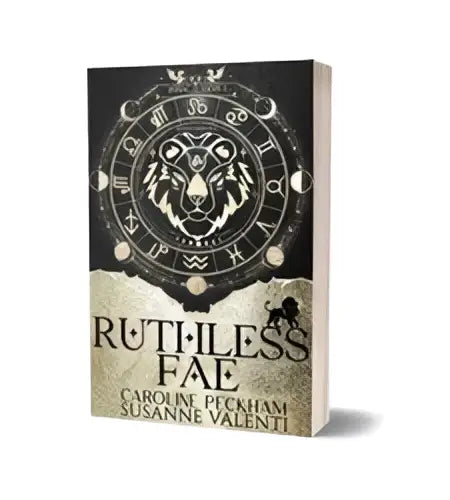 The zodiac academy 2 ruthless fae gold edition book has a black and white cover with a lion design by caroline peckham