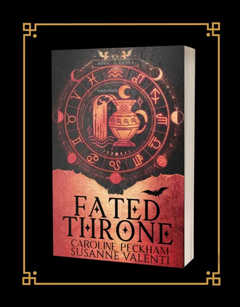 Boek fated throne van zodiac academy 6 gold edition met mystieke donkere omslag en gouden urn omringd door zodiaksymbolen