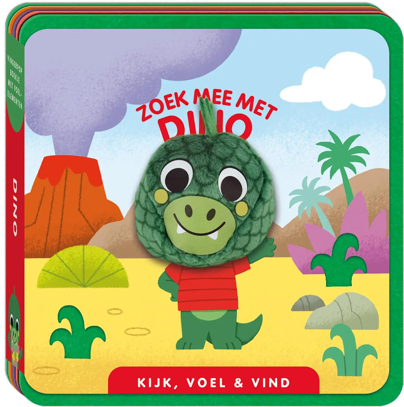 Groene getextureerde dinosaurusknuffel met rood gestreept shirt uit zoek mee met dino voor jonge lezers