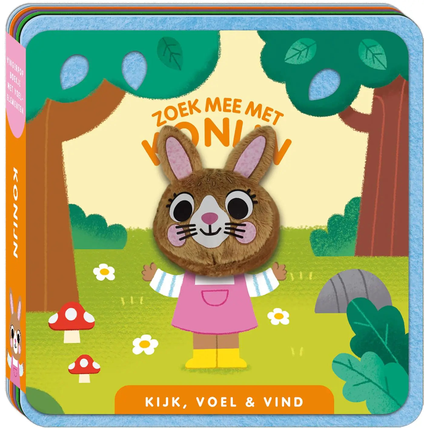 Een plush bruine konijn met roze binnenoren en witte snuit in gestreept shirt en roze schort voor jonge lezers zoek mee
