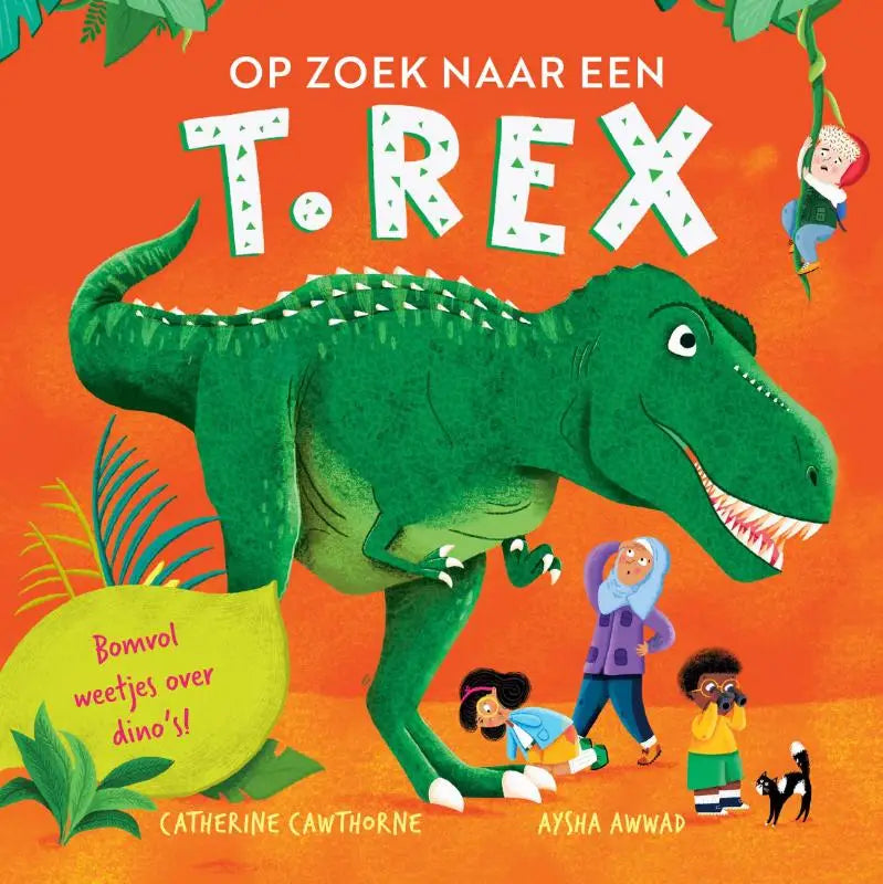 Een levendig groene t-shirt met dinosaurusprint in het product op zoek naar een T. rex