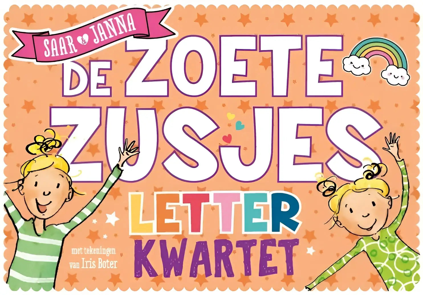 De zoete zusjes letterkwartet product met kinderboekcover van twee zusjes in kleurrijke kleding en oranje achtergrond