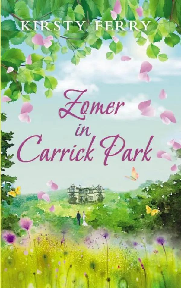 Zomer in carrick park zachte pastelkleurige boekomslag met romantische plattelandsscène en roze bloesem