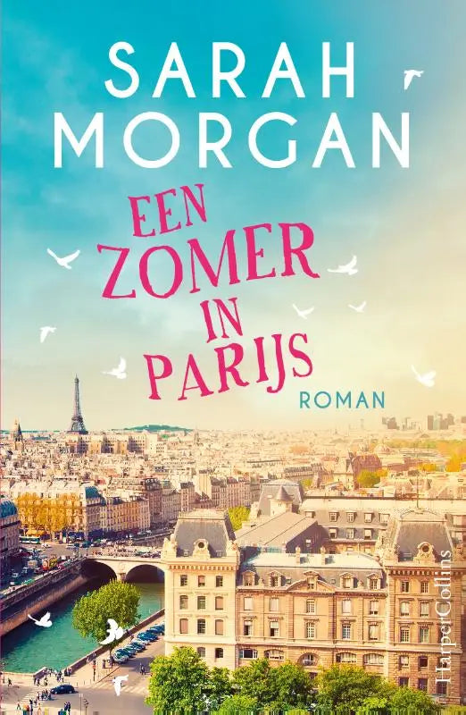De boekcover van een zomer in parijs toont een zonovergoten zicht op parijs met de eiffeltoren en de seine onder een blauwe lucht