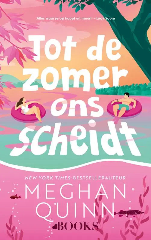Illustratieve boekcover in roze en turquoise met twee personen drijvend in opblaasbare ringen onder een boom voor meghan quinns tot de zomer ons scheidt