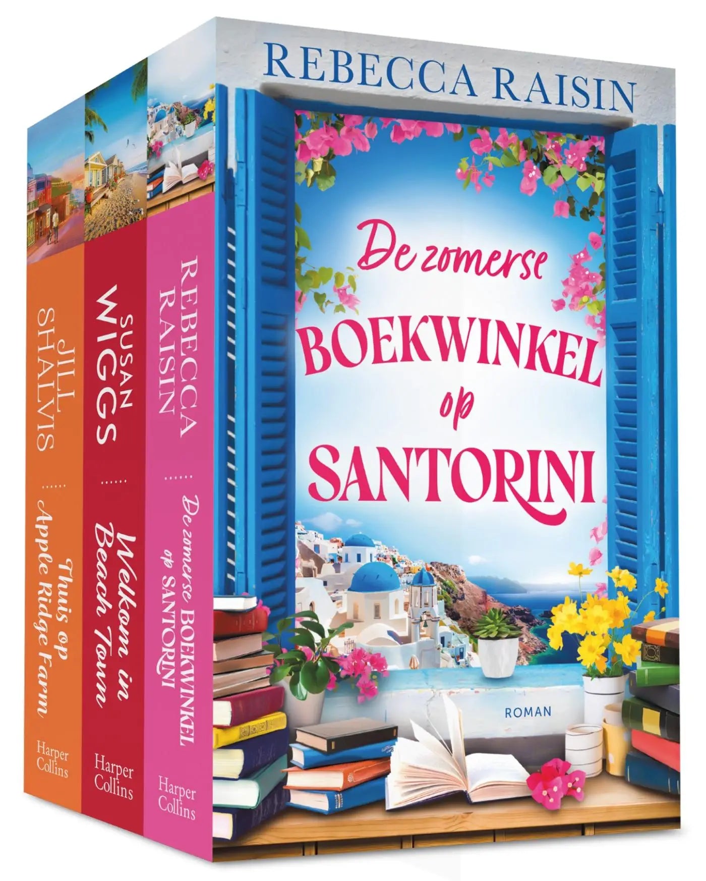 Cover van zomerse boekwinkel met blauwe luiken en roze bloemen op santorini in zomerroman pakket apple ridge farm
