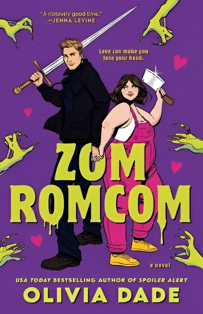 The vibrant purple cover of the book zomromcom by penguin publishing group features yellow title and characters with weapons