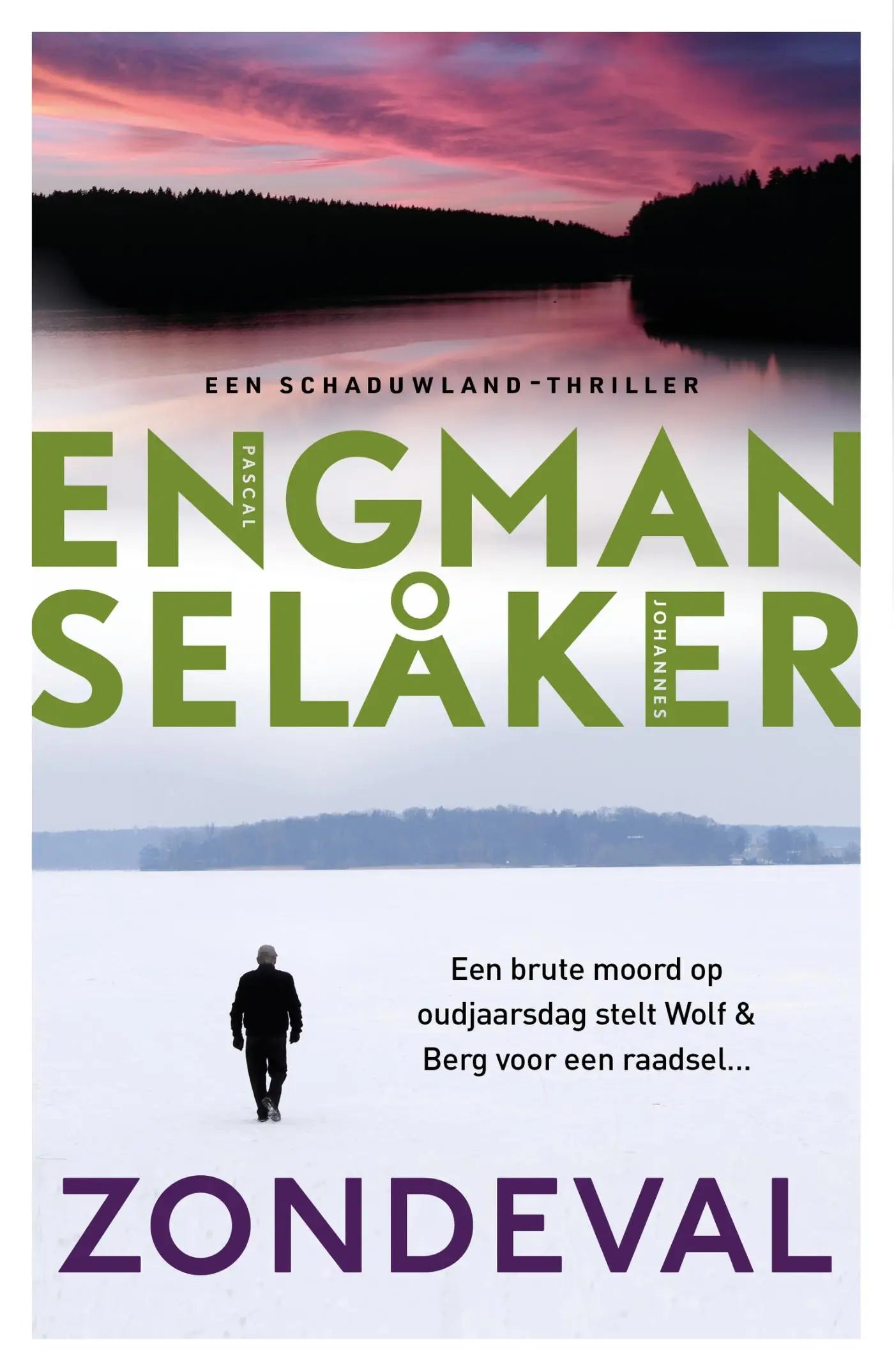 De boekcover van zondeval toont de titel in paarse letters met de auteurs pascal engman en johannes selåker in groen