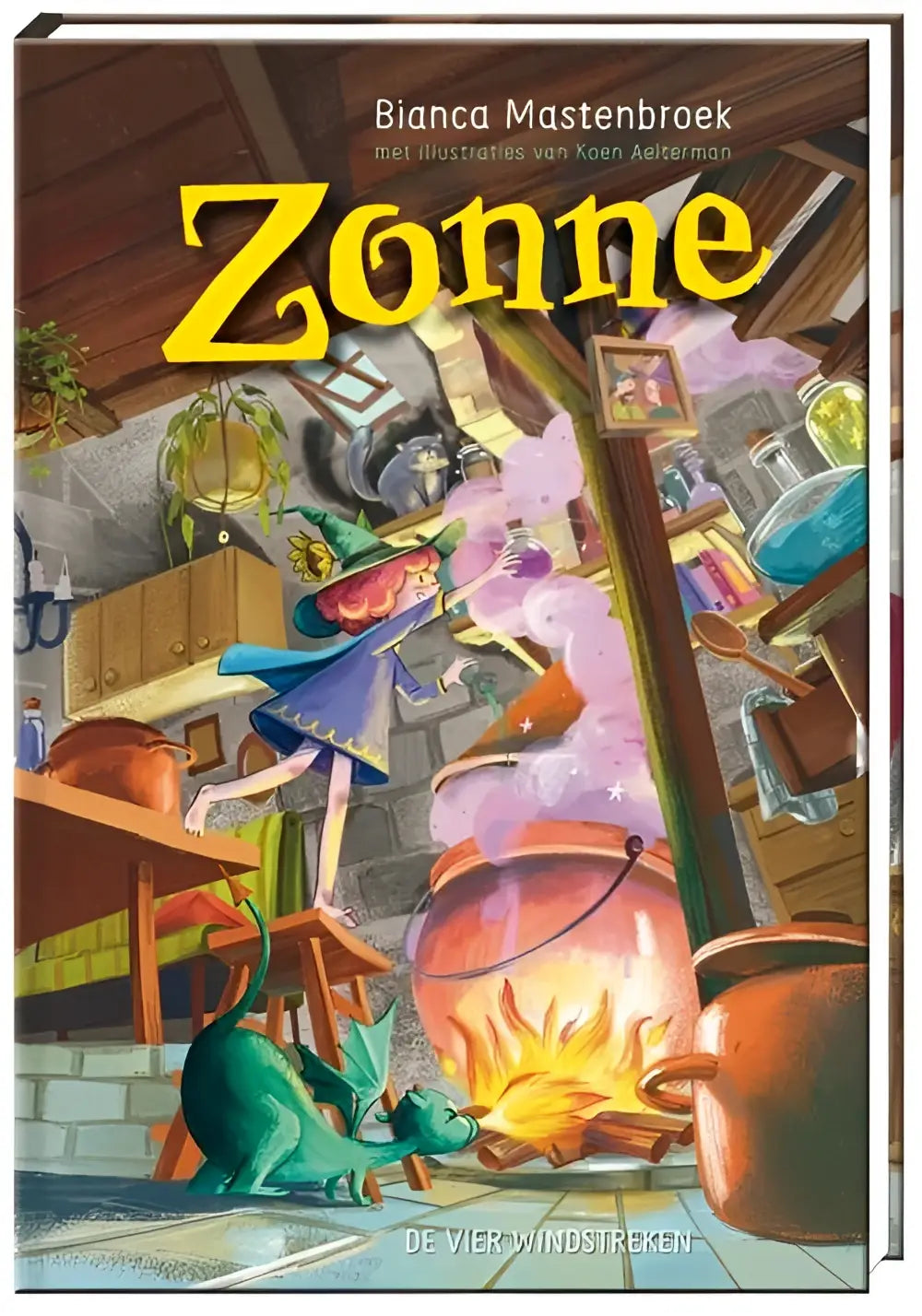 Vrolijke voorkant van nederlandstalig hardback kinderboek zonne met heks in blauwe jurk door bianca mastenbroek