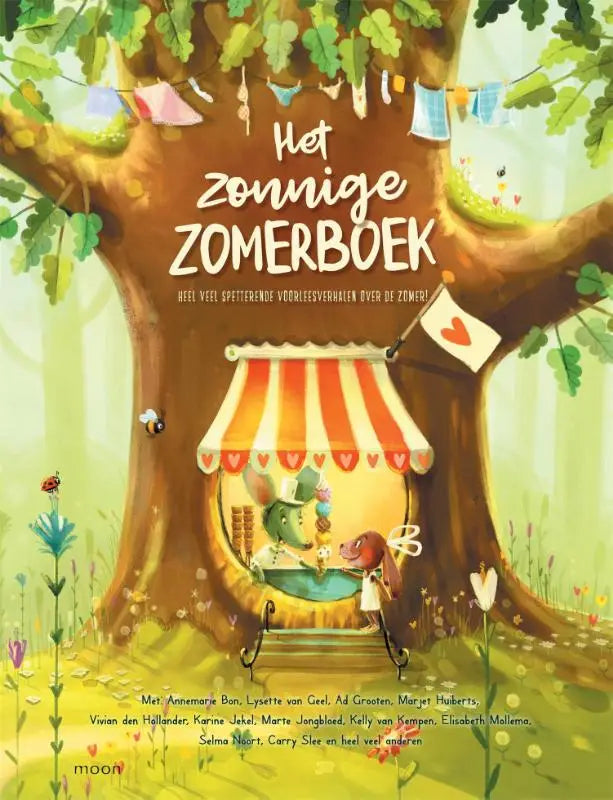 Een vrolijk geïllustreerd zonnige zomerboek met een kleurrijke boomhut en oranje wit gestreept zonnescherm
