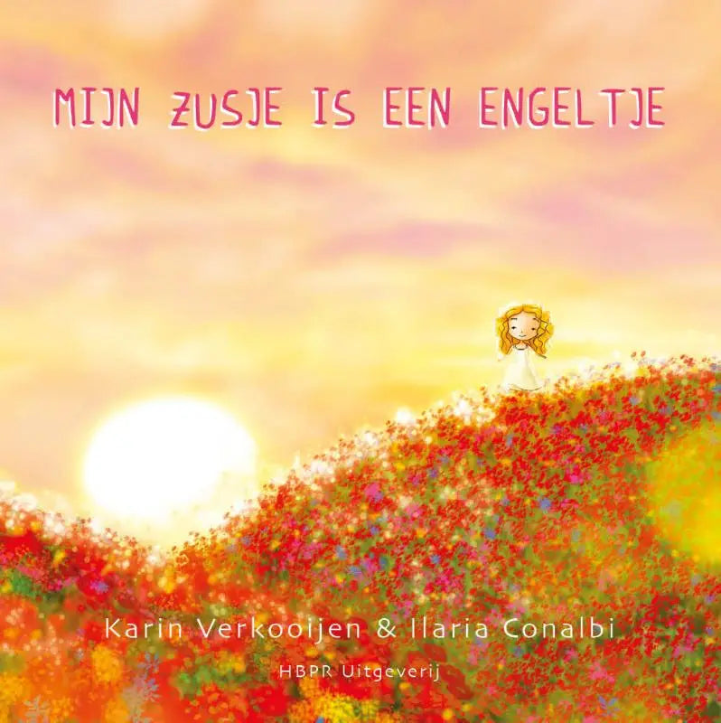 Samenstelling zachte geïllustreerde kinderboekcover met een blonde meisje in witte jurk op bloemrijke veld voor jonge lezers