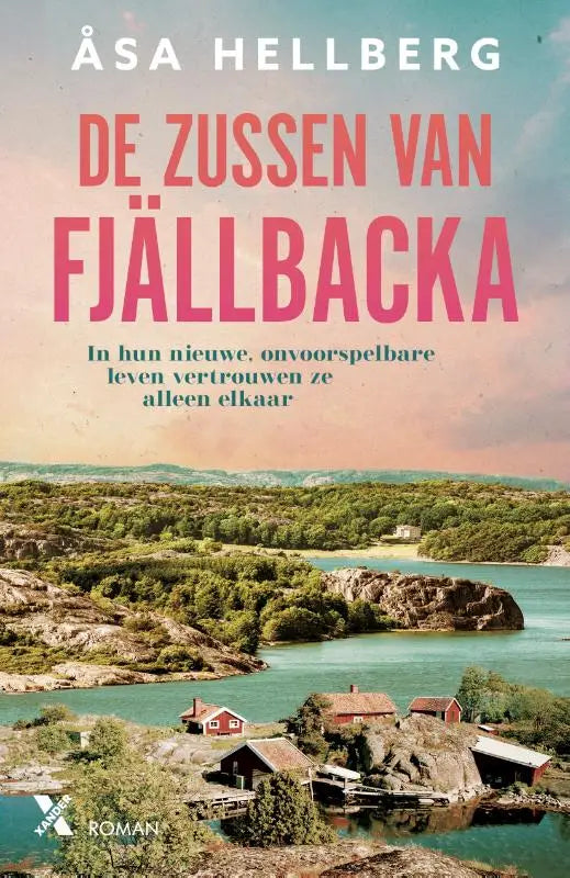 De zussen van Fjällbacka boekcover met rood dakhuizen bij groene heuvels en turquoise water onder roze lucht