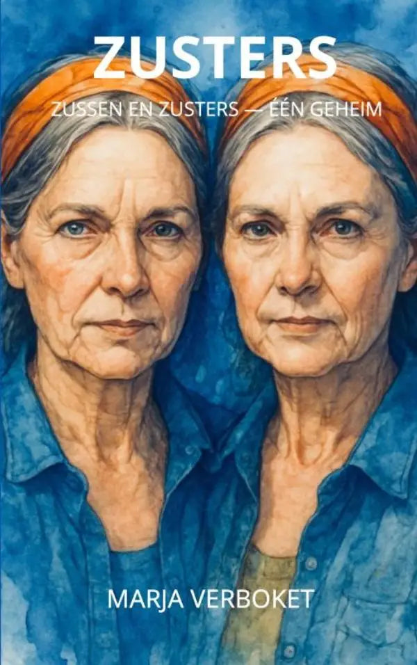 Waterverfs illustratie van twee oudere vrouwen met blauwe denim overhemden en oranje hoofddoeken in één geheim product